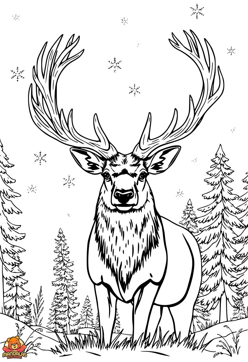 Free Deer Coloring Page: Majestic Stag in Winter Forest