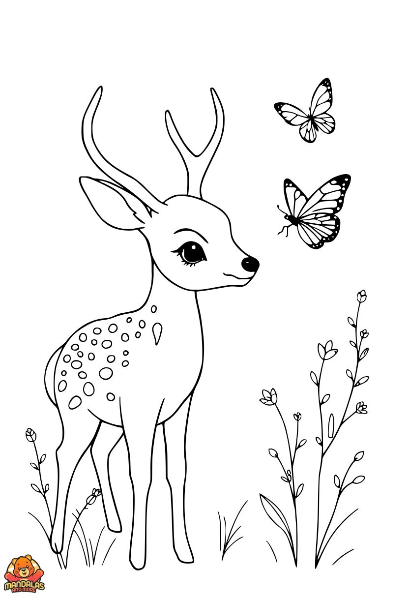 Free Printable Deer Coloring Page with Butterflies