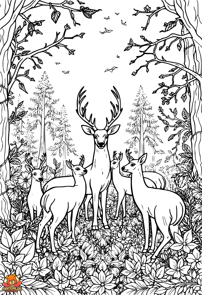 Free Printable Deer Coloring Page with Forest Scene