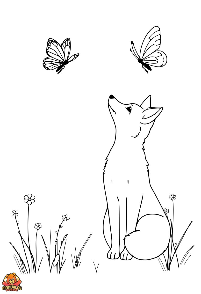 Free Fox Coloring Page with Butterflies