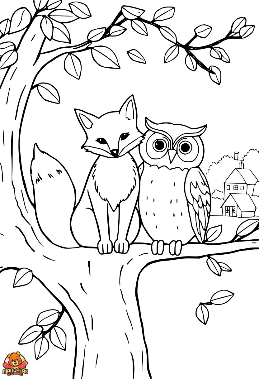 Free Foxes Coloring Page: Fox & Owl on Tree