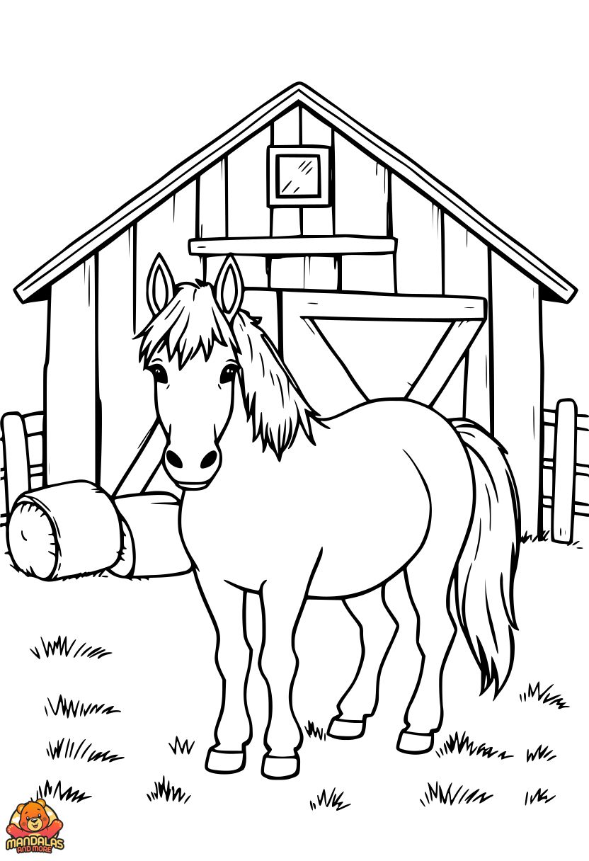 Printable Pony and Barn Coloring Page