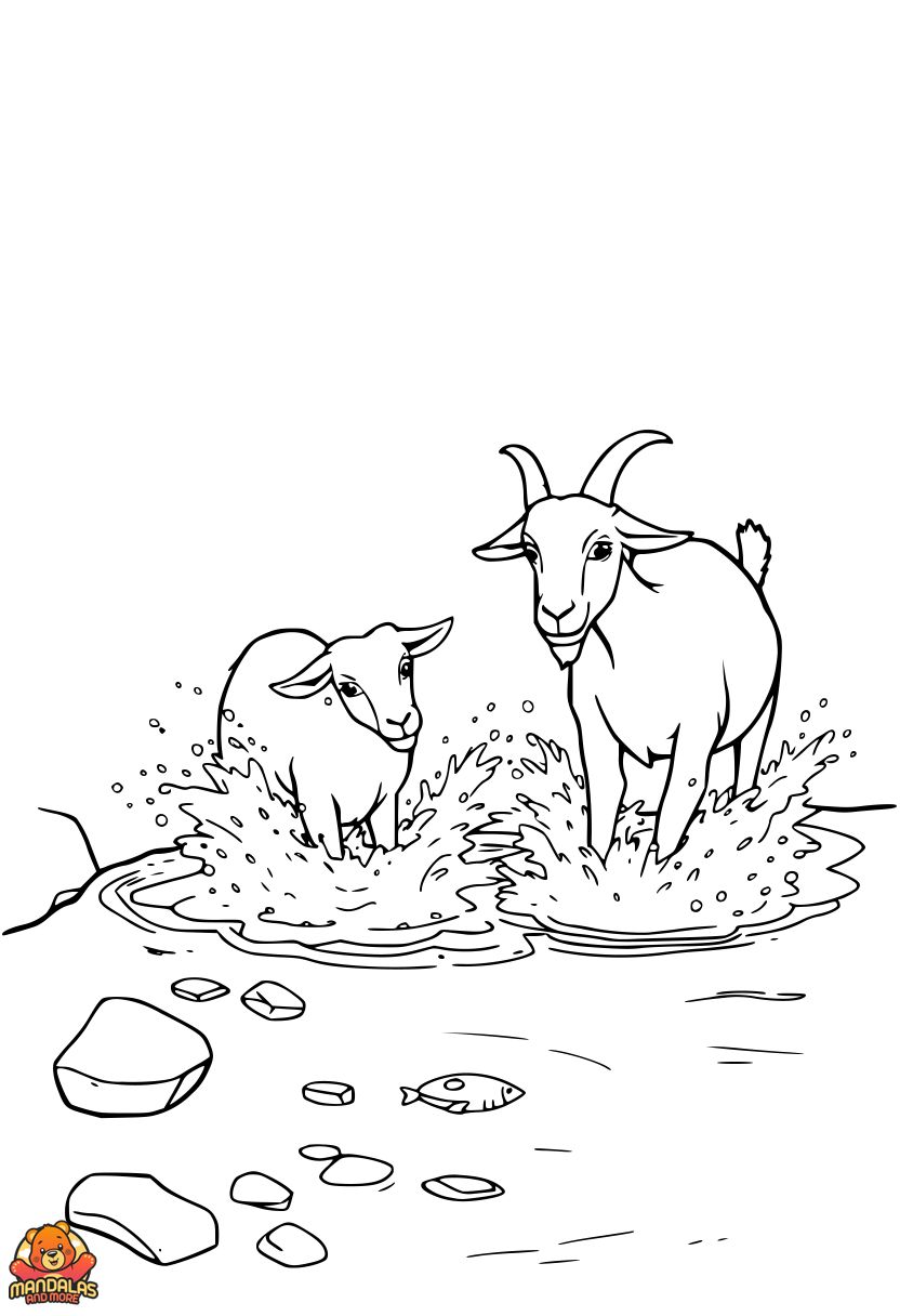 Fun Goats Coloring Page with Stream Scene