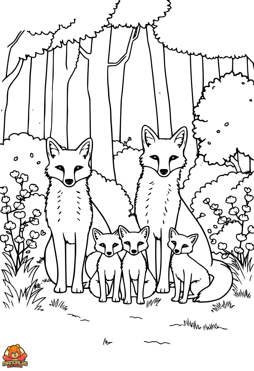 Free Printable Foxes Family Coloring Page
