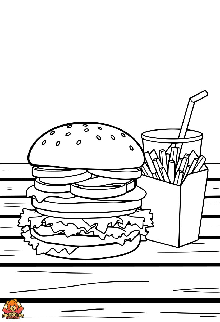 Burger Coloring Page with Picnic Scene - Free Printable