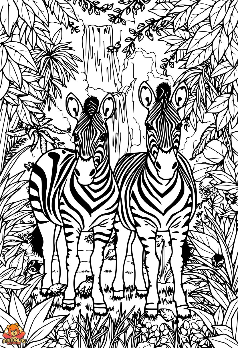 Free Zebra Coloring Page in Jungle Setting