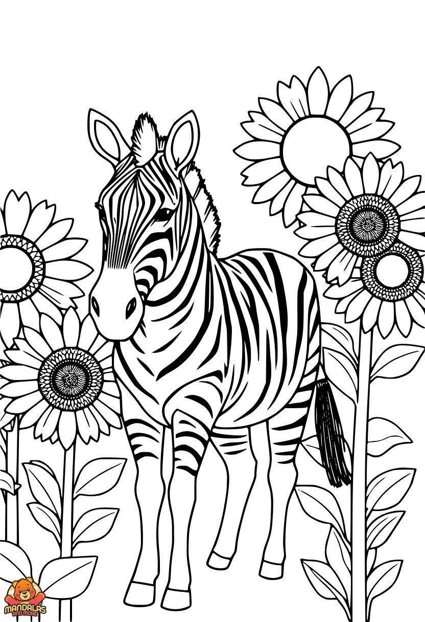 Zebra and Sunflowers Coloring Page for Kids