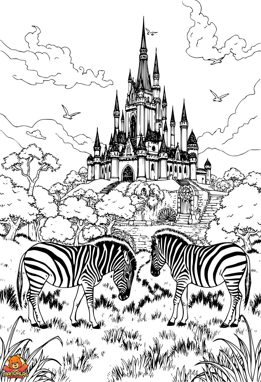 Free Printable Zebra Castle Coloring Page for Kids