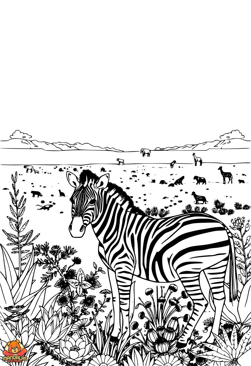 Printable Zebra Coloring Page with African Wildlife
