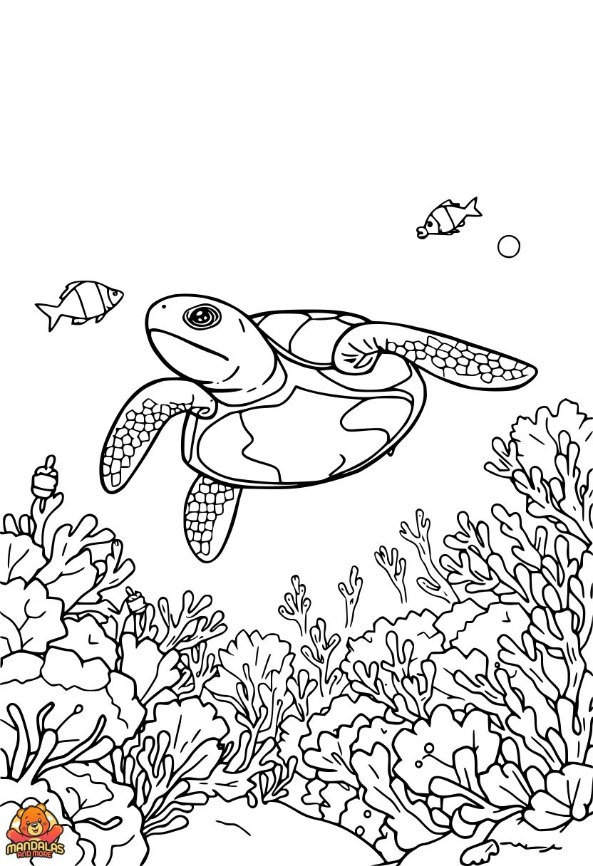 Free Sea Turtles Coloring Page - Detailed Coral Reef Scene
