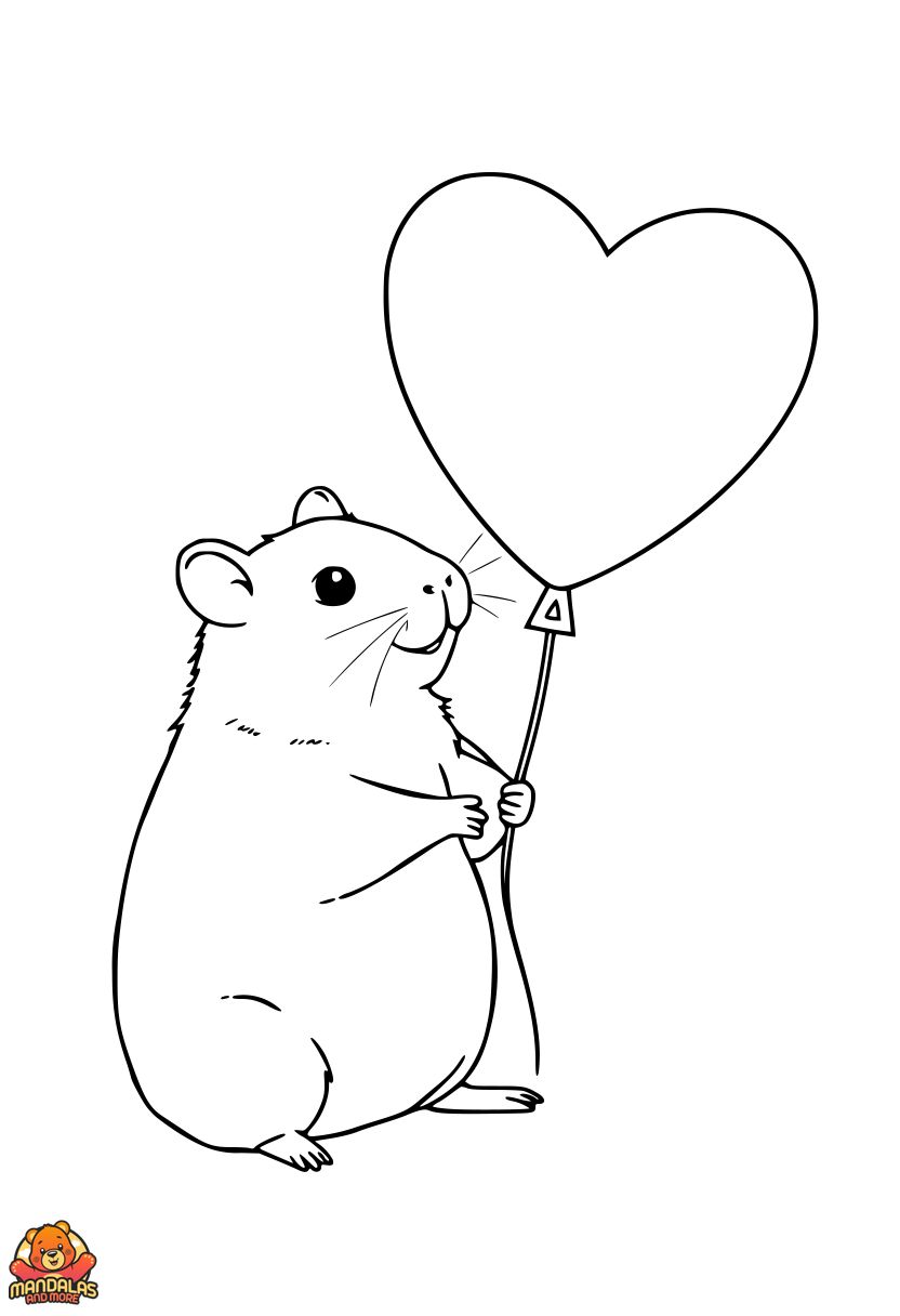Free Printable Hamster Coloring Page with Heart Balloon