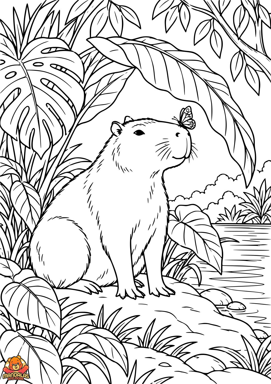 Pagina da Colorare dei Capibara Giocosi al Fiume