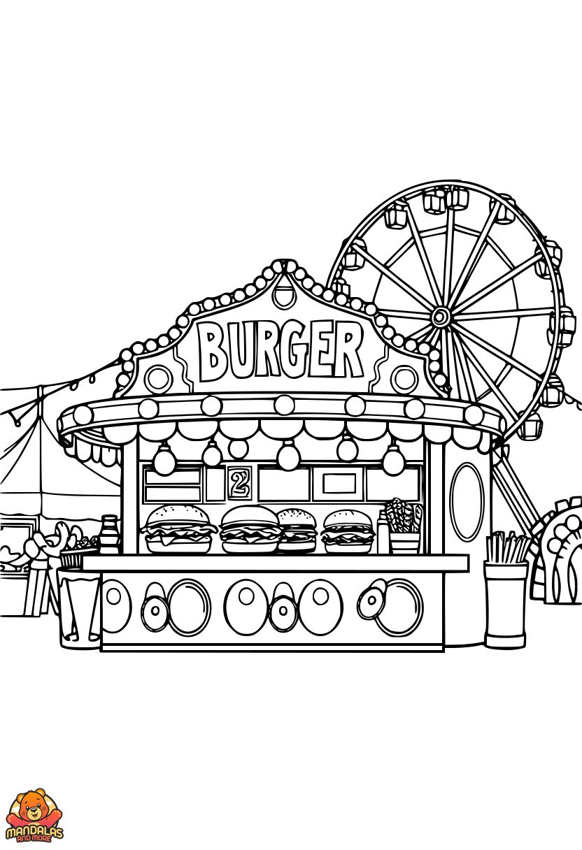 Free Burger Stand Coloring Page for Kids