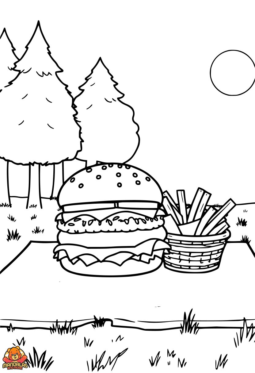 Free Burger Coloring Page with Fries & Picnic