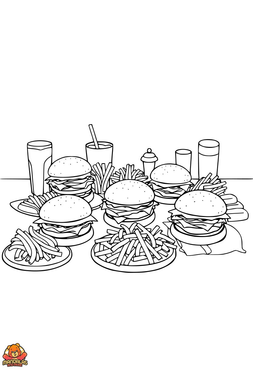Free Burger Coloring Page with Fries & Drinks