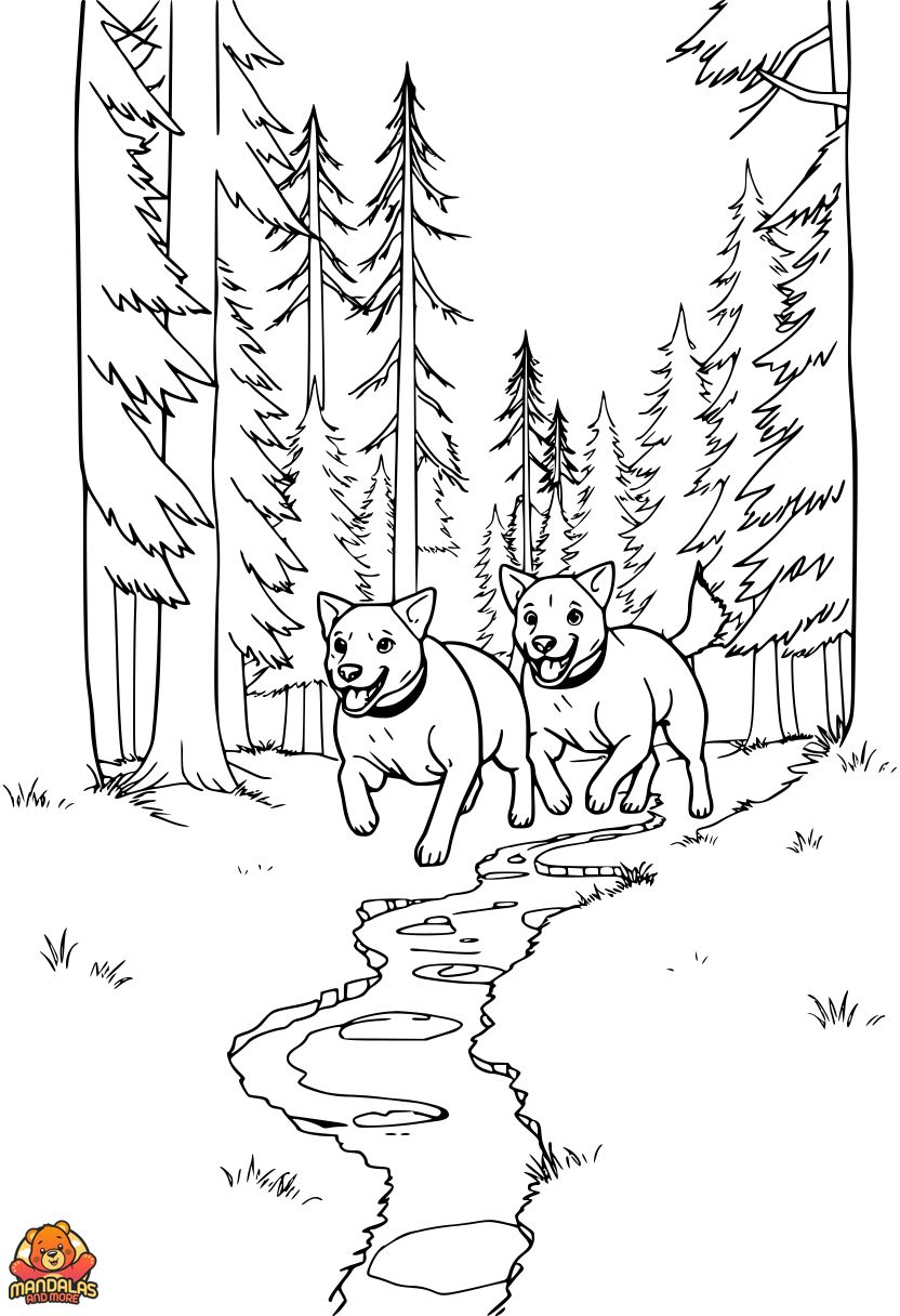 Free Dogs Coloring Page in Forest Setting
