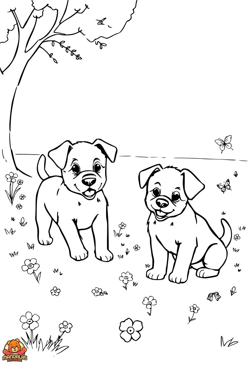 Dogs Coloring Page: Playful Puppies and Butterfly Fun