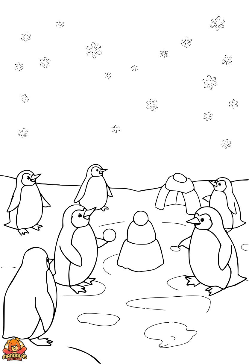 Printable Penguins Winter Coloring Page for Kids