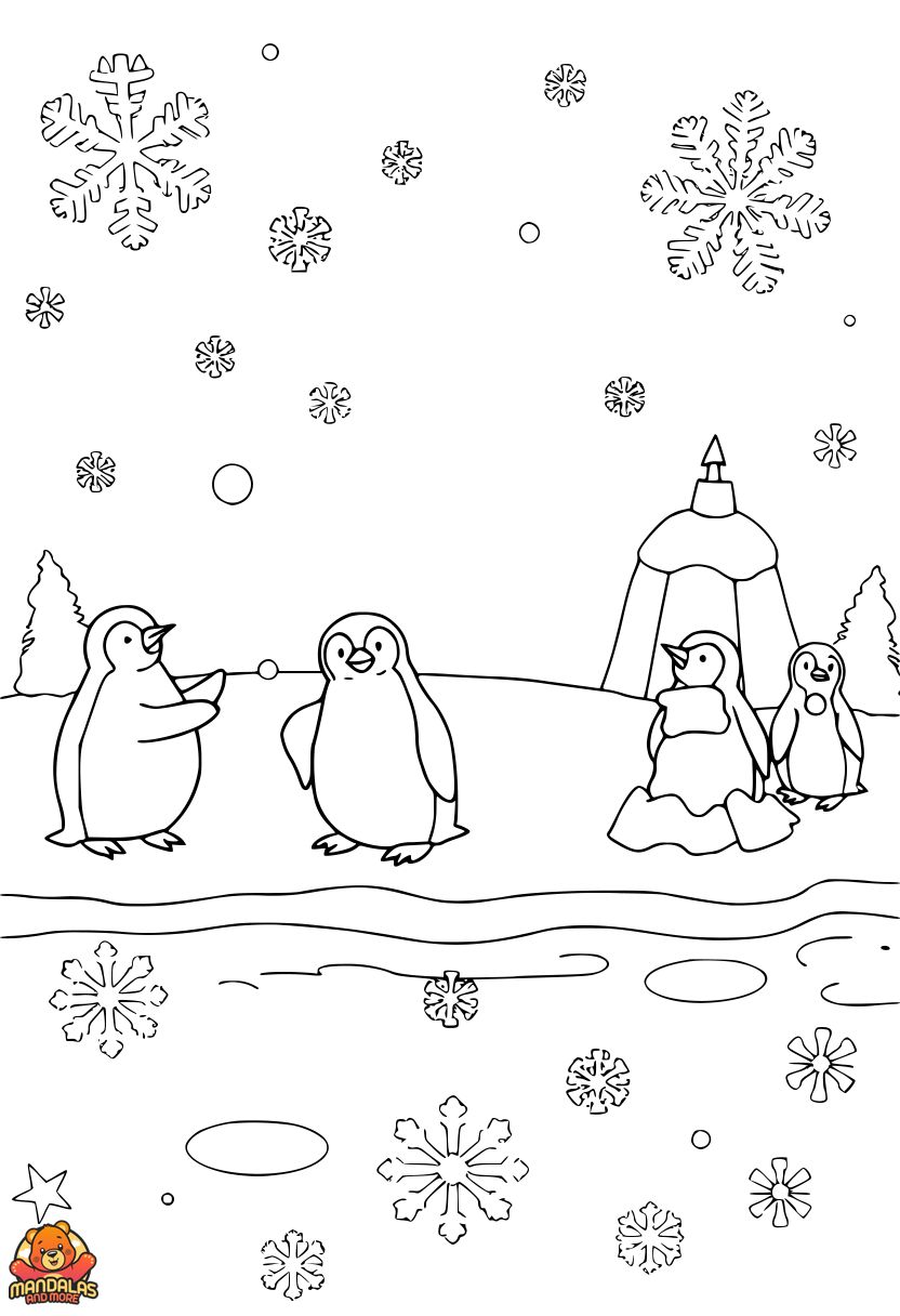 Penguins Winter Fun Printable Coloring Page