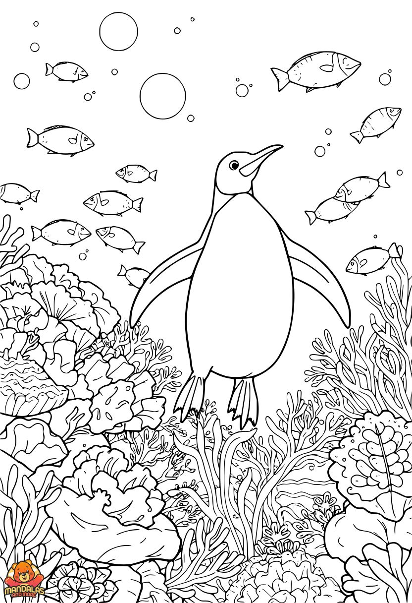 Printable Penguin Coloring Page - Underwater Scene