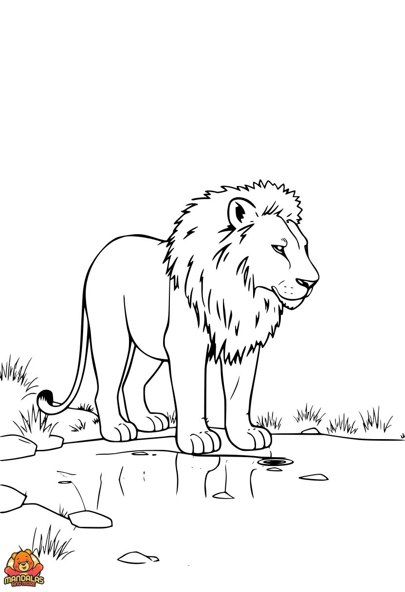 Lion Lake Scene Printable Coloring Page