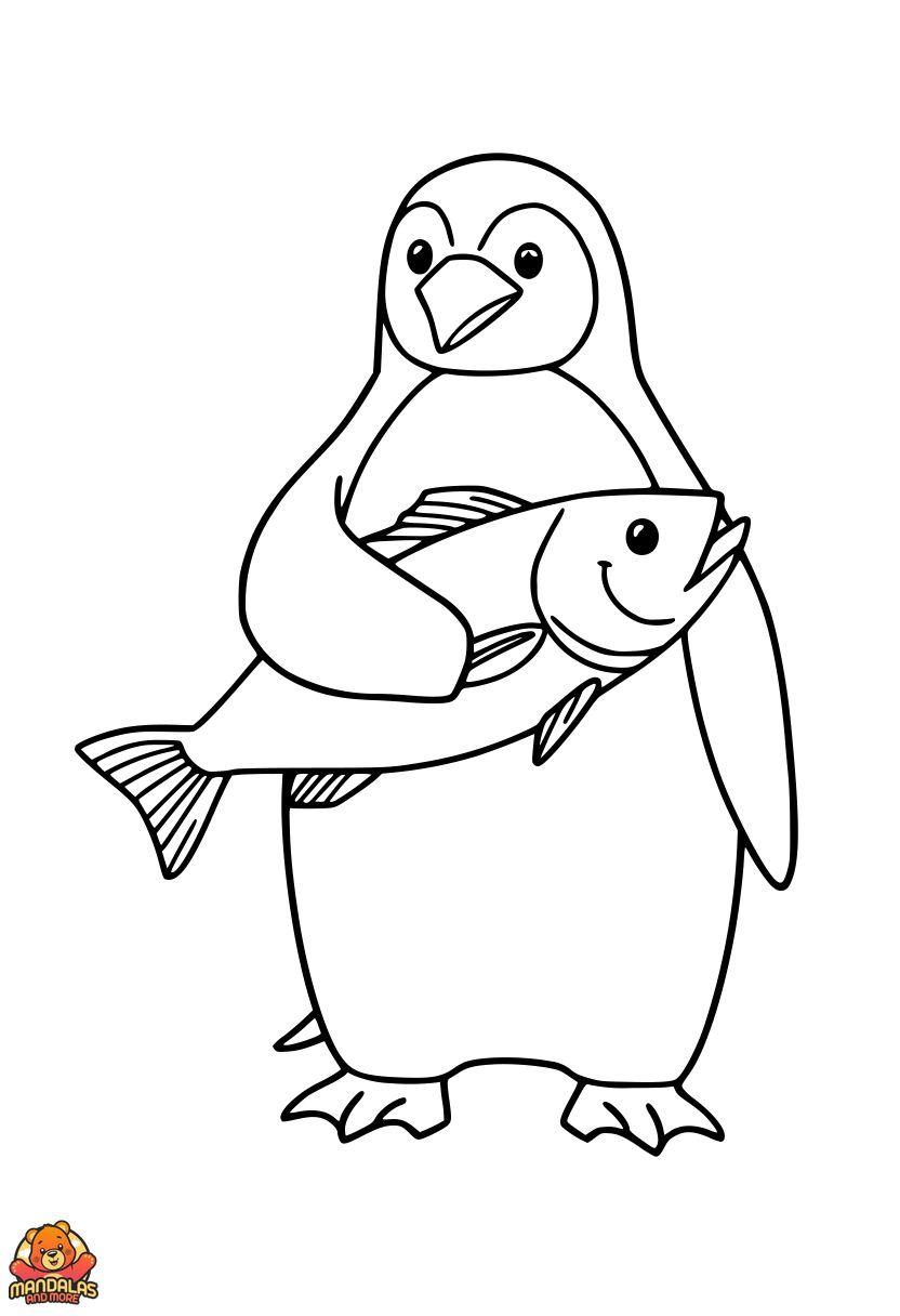Free Penguin Holding Fish Coloring Page