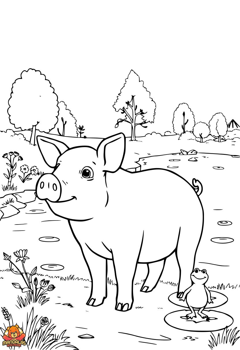 Printable Pig Coloring Page Near River