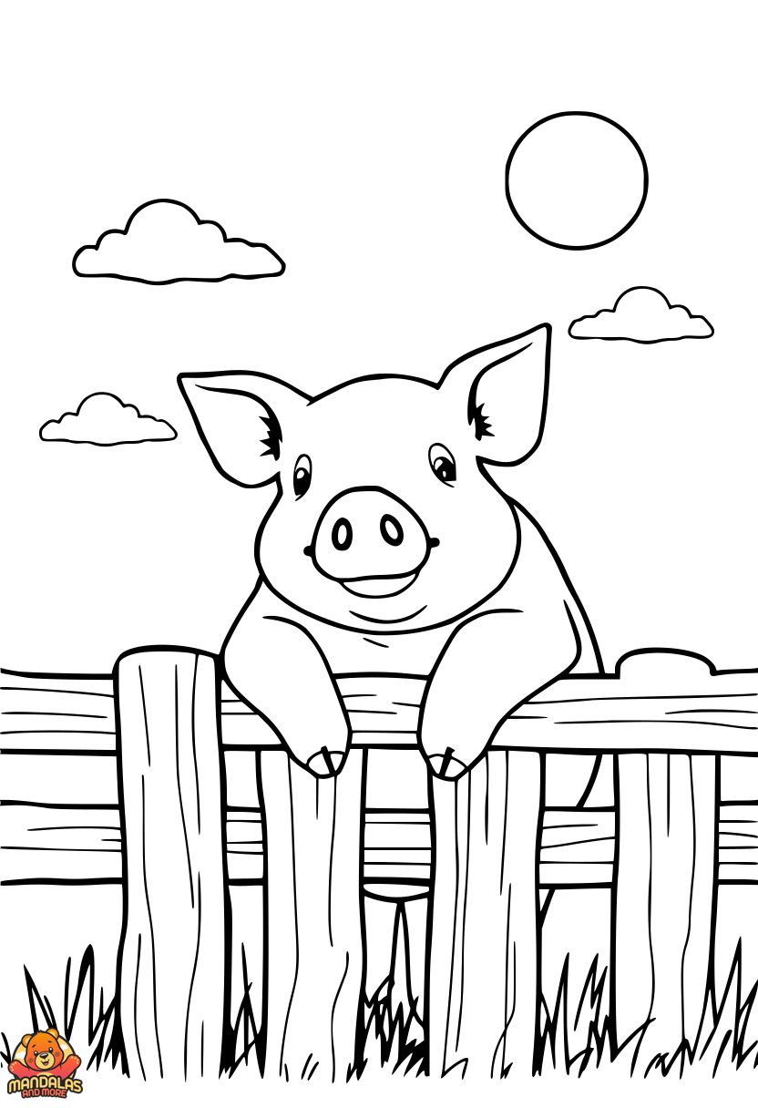 Free Pig Coloring Page with Fence and Sun