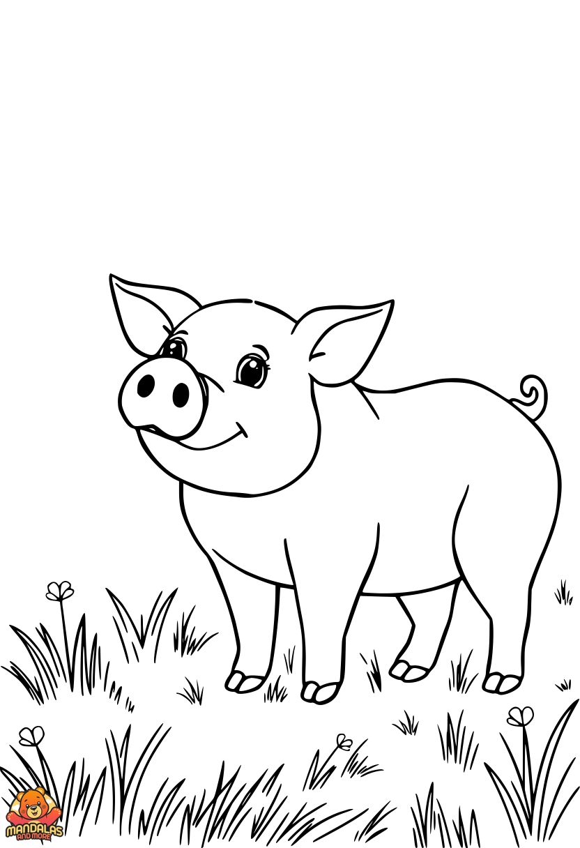 Pigs Coloring Page: Printable Cartoon Pig in Meadow