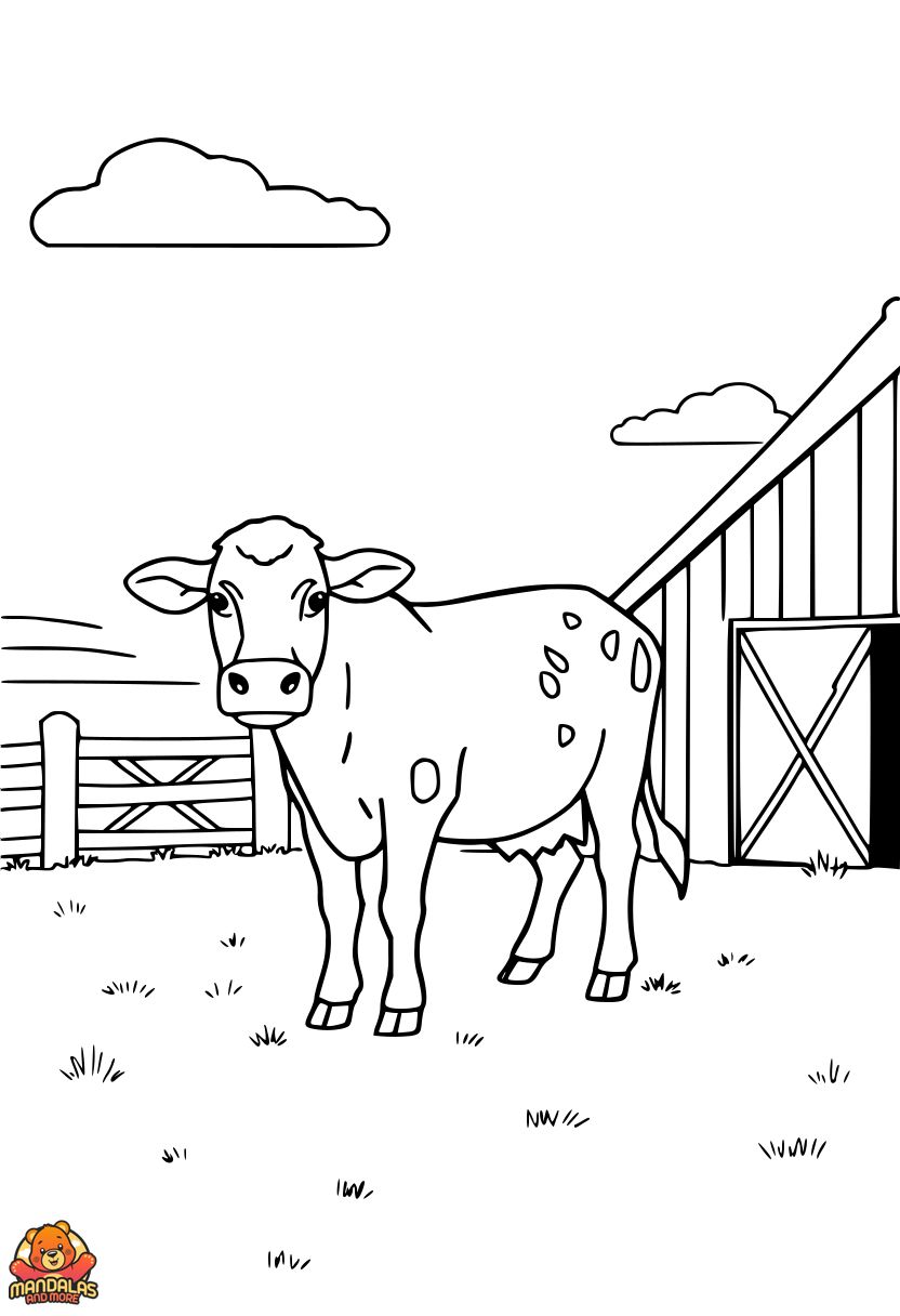 Free Printable Cow Coloring Page by the Barn