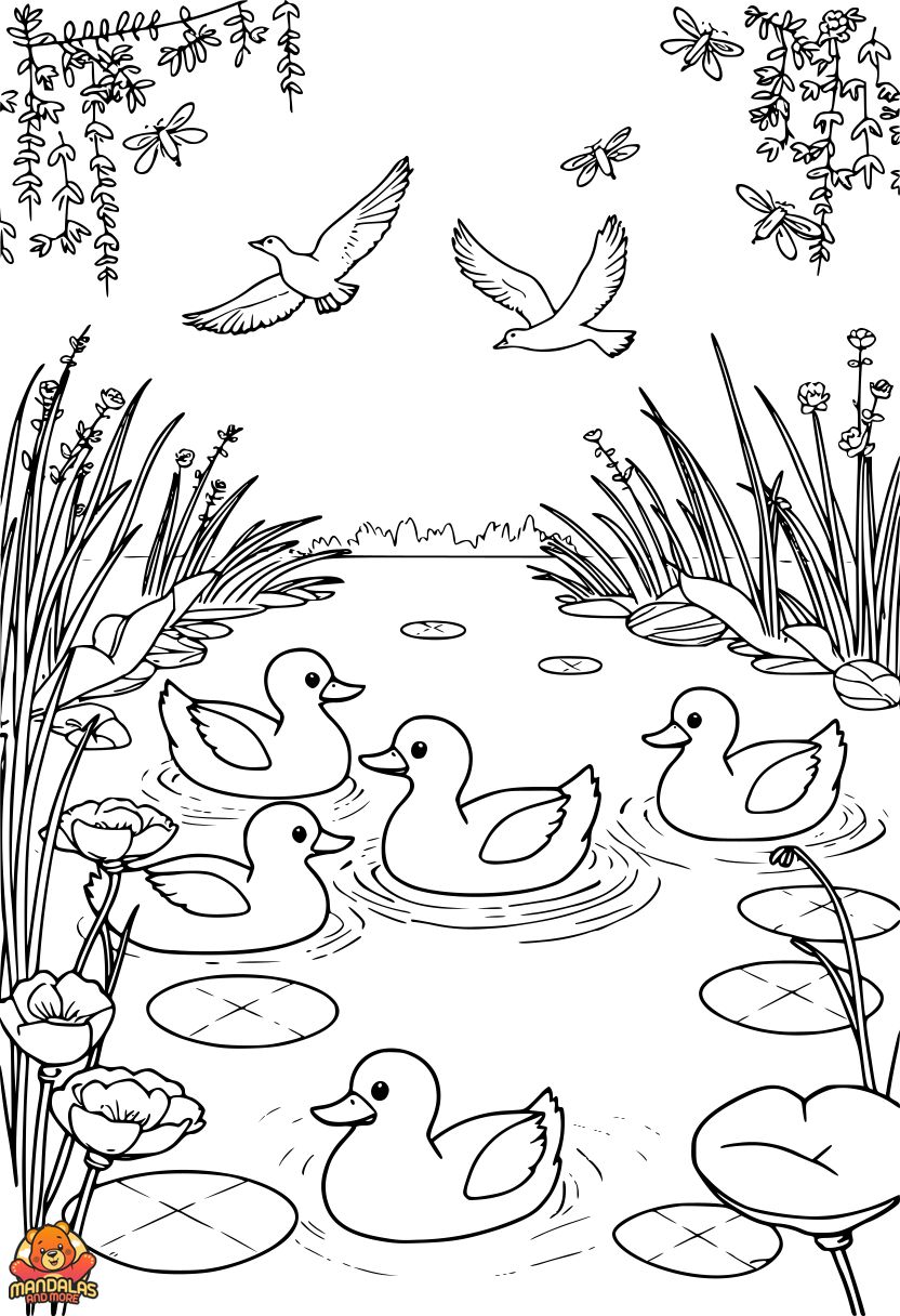 Free Ducks Coloring Page with Pond Scene