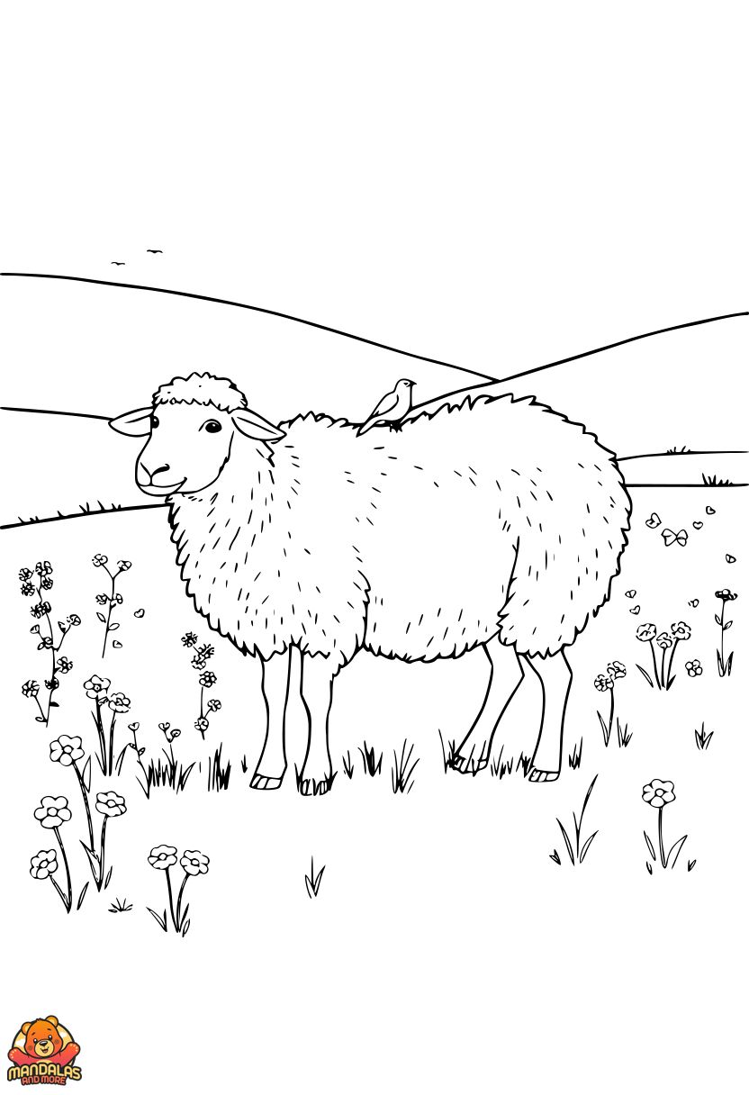 Free Sheep Coloring Page in a Floral Meadow
