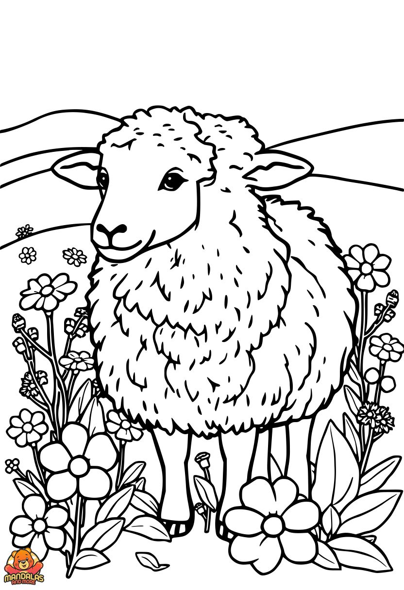 Free Sheep Coloring Page with Floral Details