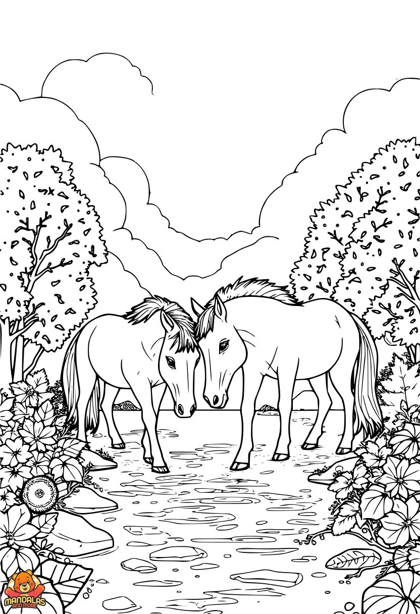 Free Horses Coloring Page with Stream Scene