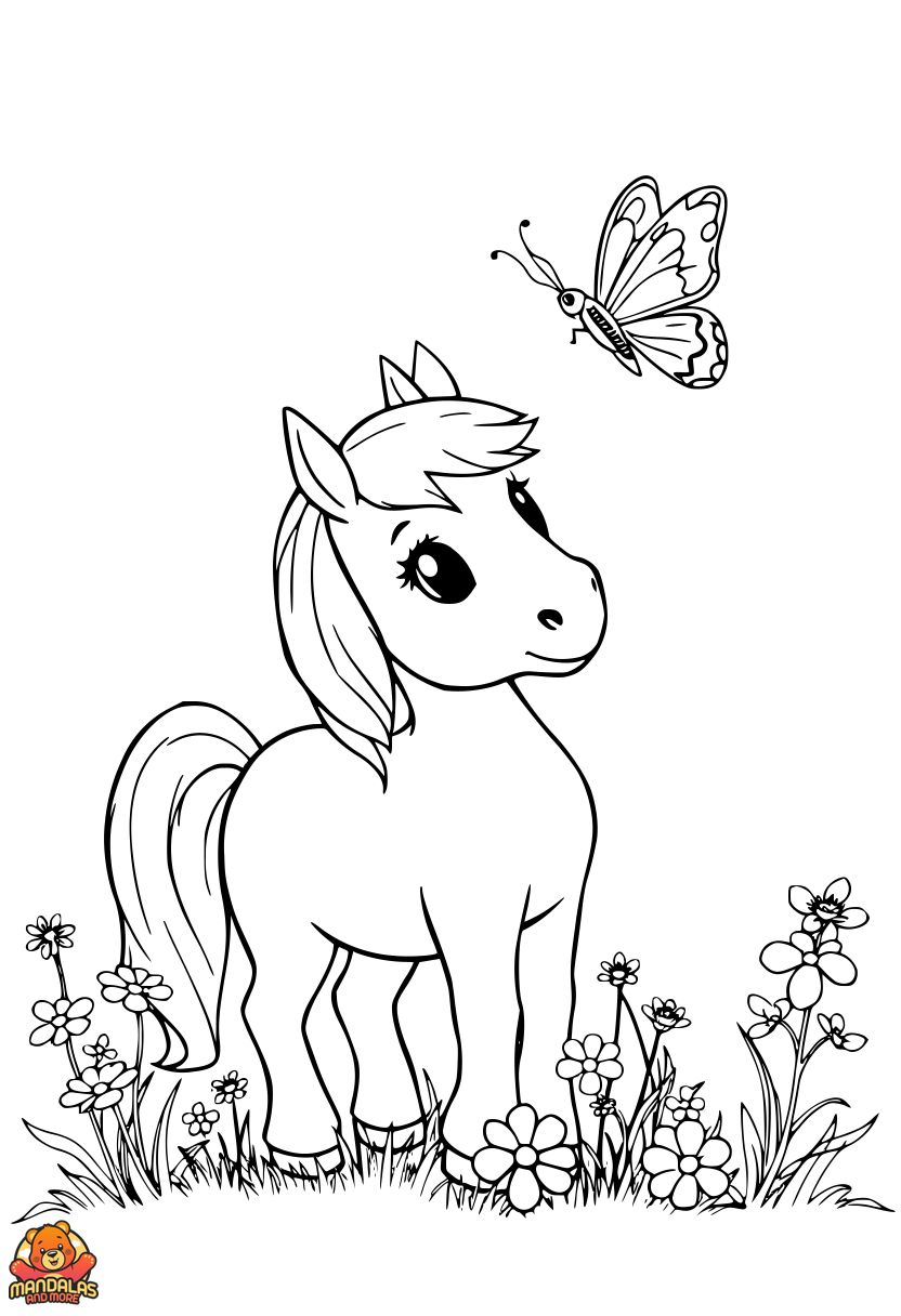 Free Printable Horses Coloring Page: Pony with Butterfly