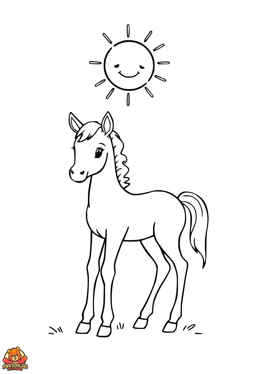 Free Printable Foal Coloring Page with Sun