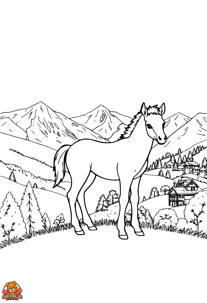 Printable Foal on Hill Horses Coloring Page