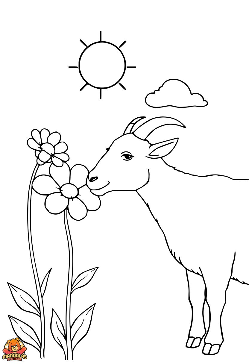 Free Goat Coloring Page with Flowers