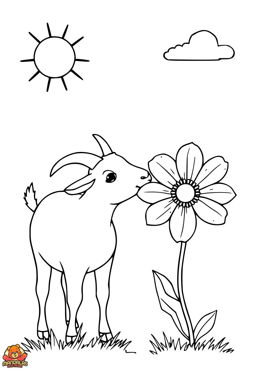 Printable Goat Coloring Page with Flower Fun