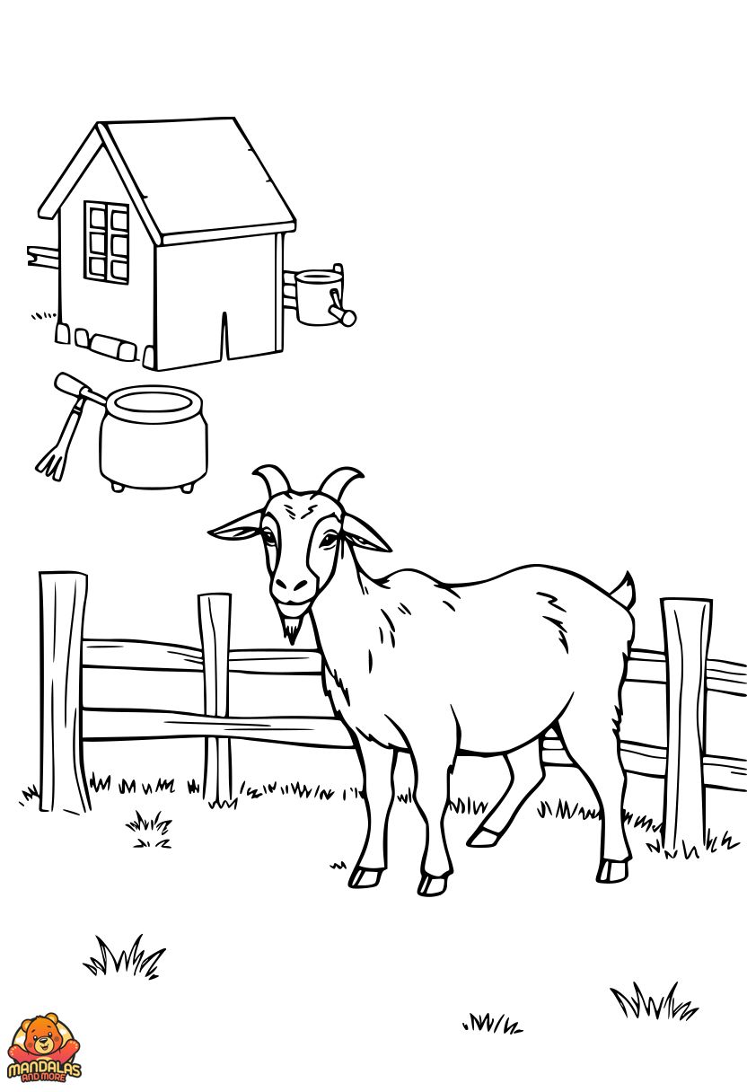 Free Goat Coloring Page with Farm Scene
