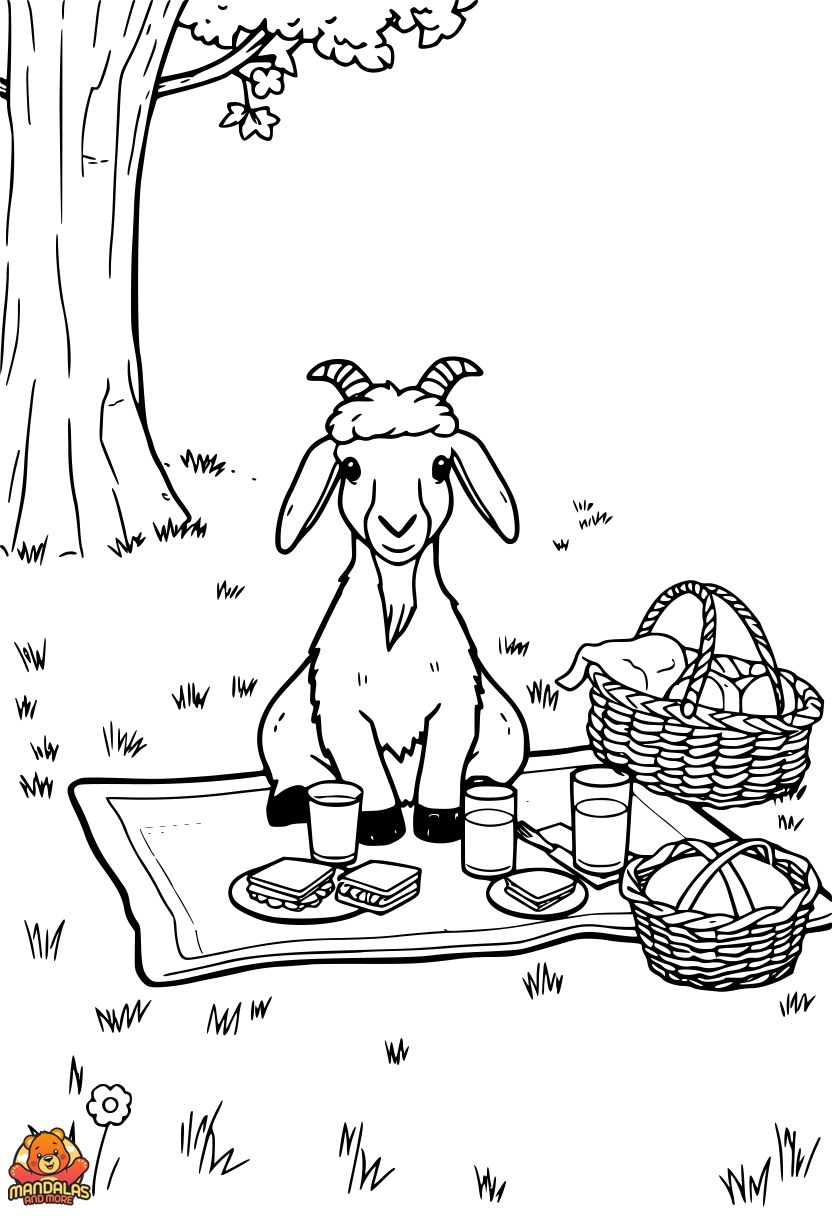 Free Printable Goat Picnic Coloring Page
