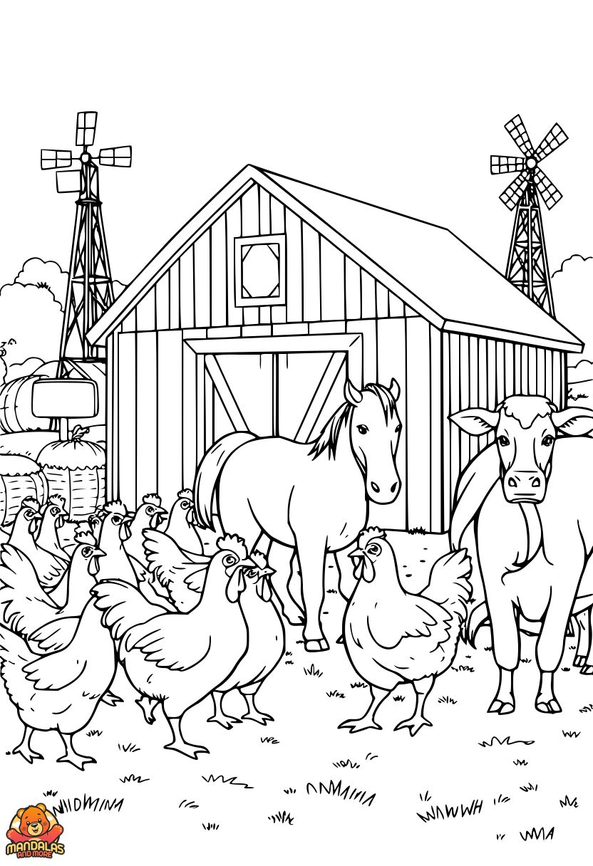 Chickens in Barnyard Coloring Page | Printable Fun