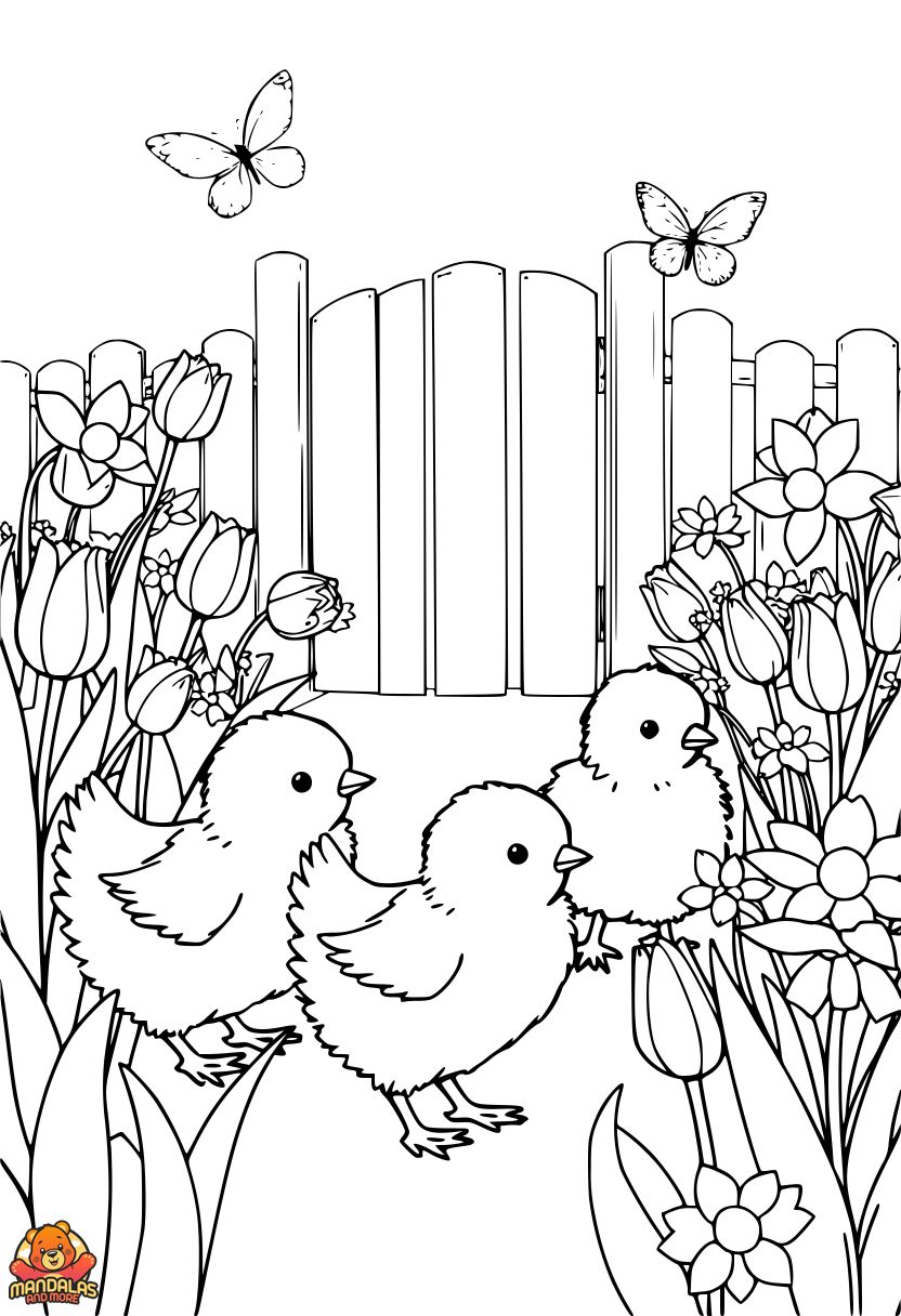 Free Chickens Coloring Page with Garden Fun