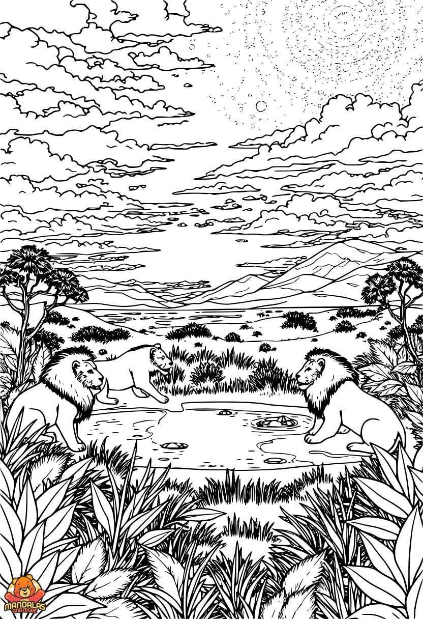 Free Printable Lion Coloring Page with Watering Hole Scene